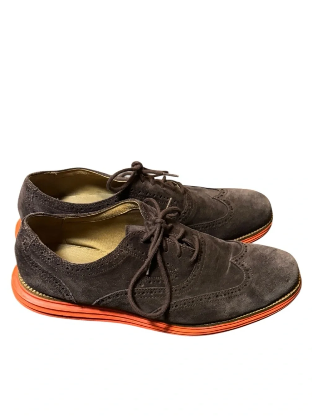 Cole Haan Brown Suede Wingtip Oxfords with Orange Contrast Sole Mens Size 11M